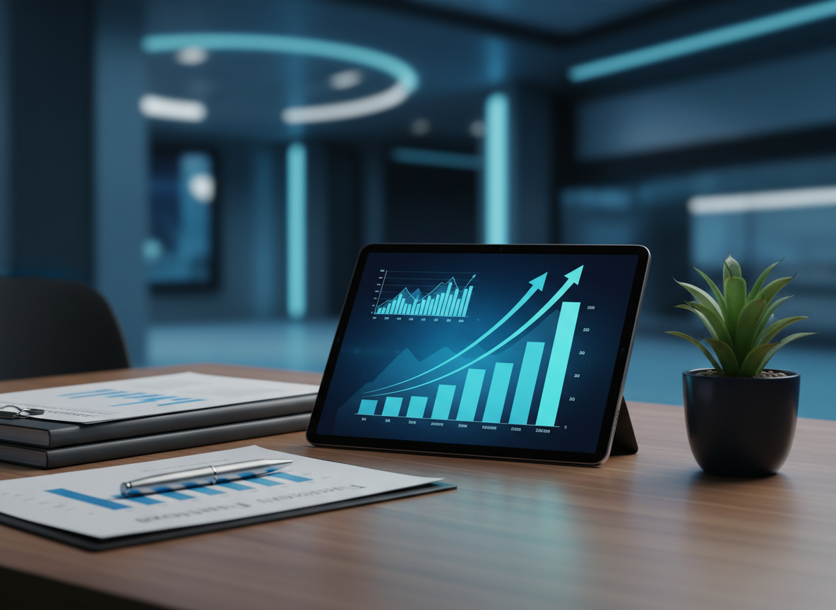 Financial growth charts and investment documents on a modern desk