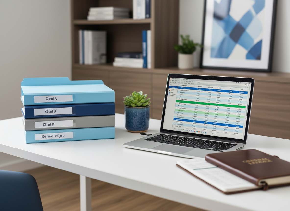 Organized bookkeeping workspace with laptop and financial documents