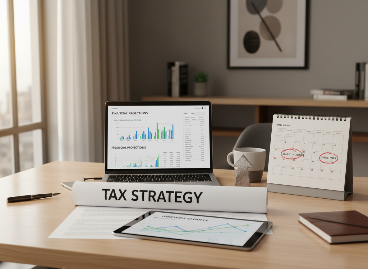 Tax strategy documents and financial projections on a desk