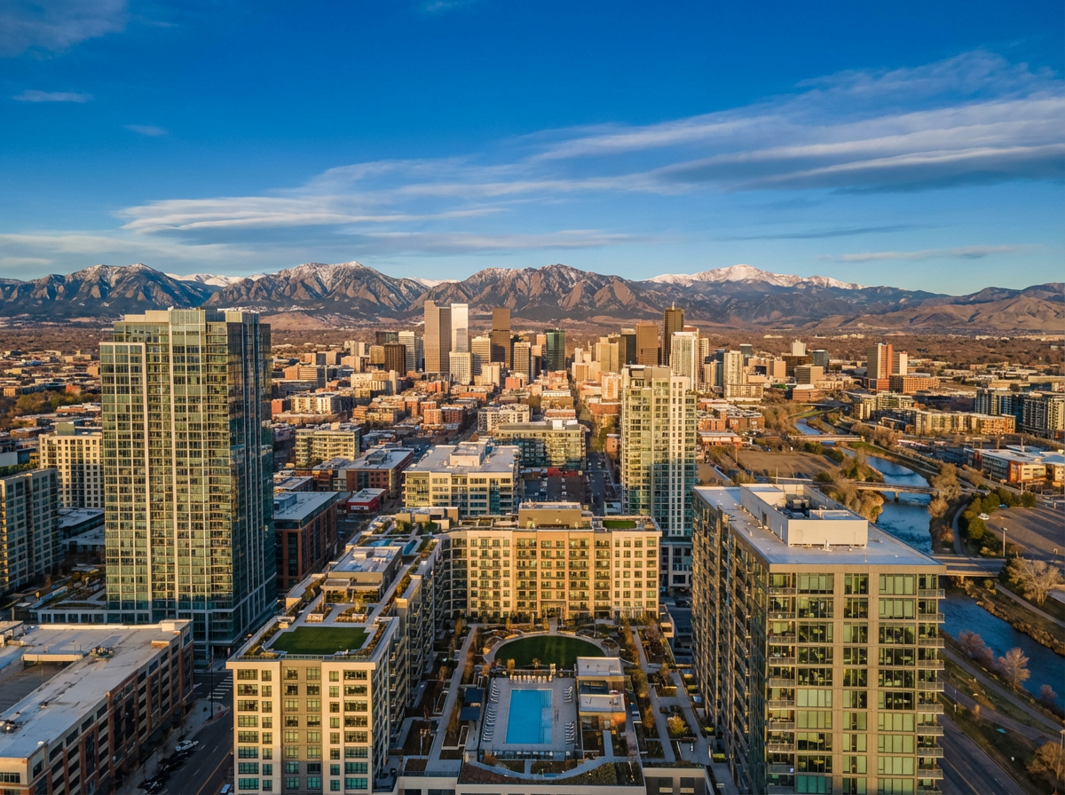 Denver Front Range skyline with Rocky Mountains and real estate properties