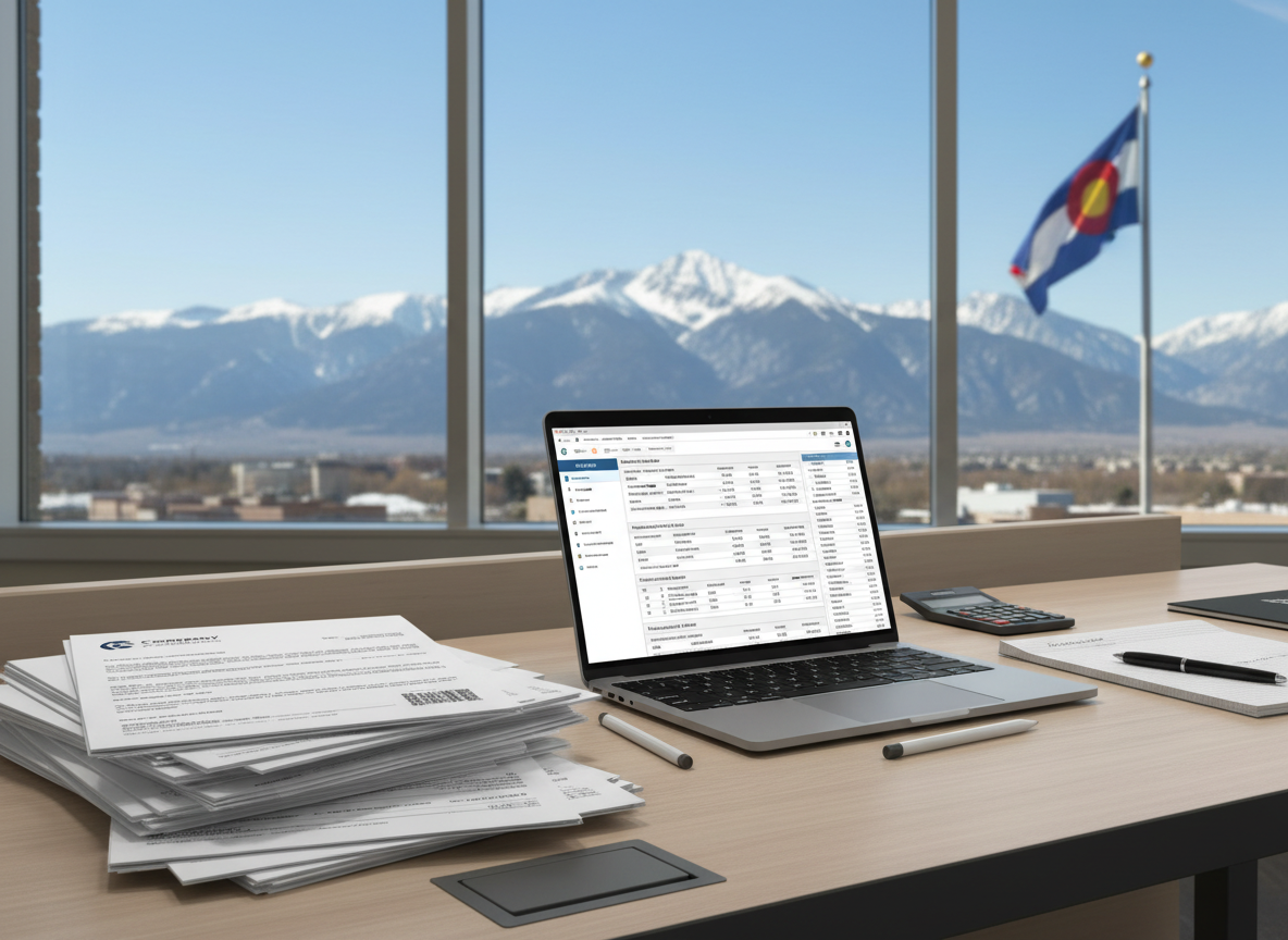Payroll documents and laptop showing payroll dashboard