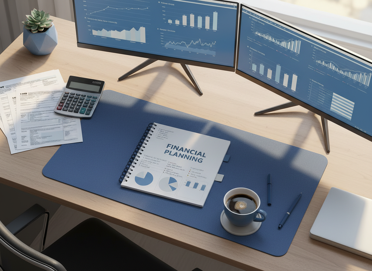 Tax planning documents and calculator on a professional desk
