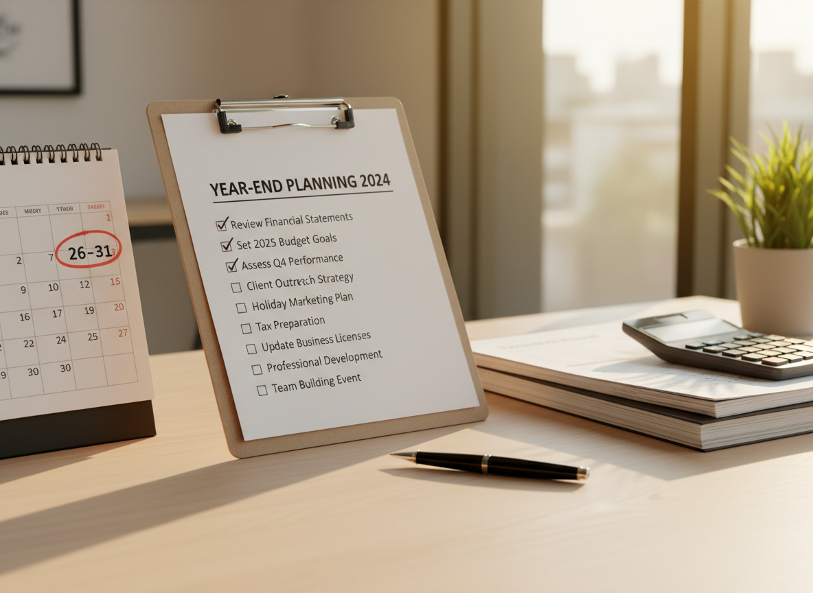 Year-end planning checklist with calendar and financial documents