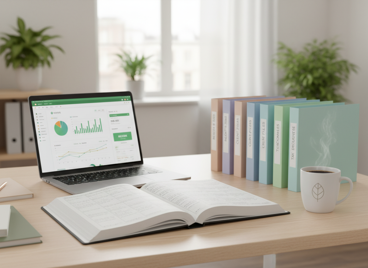Organized bookkeeping workspace with laptop and ledger