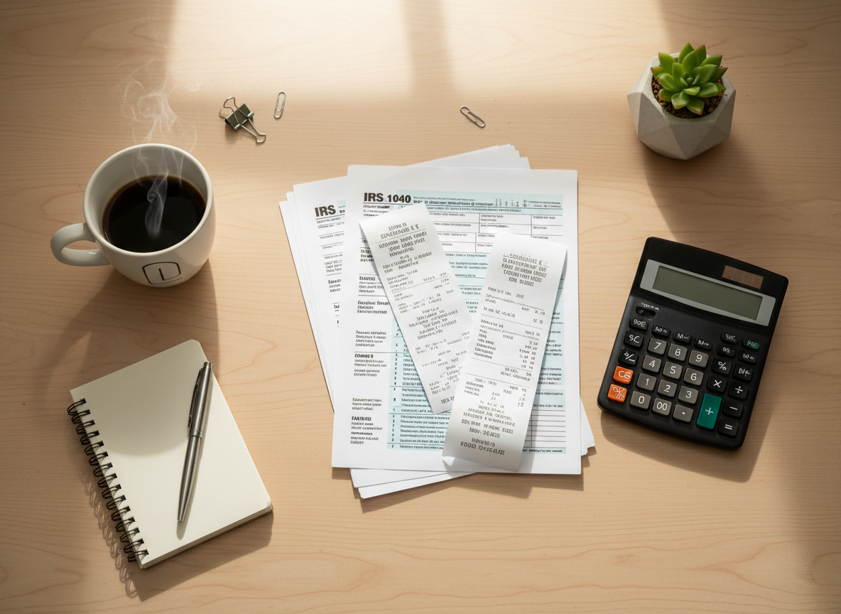 Tax planning documents and calculator on a desk