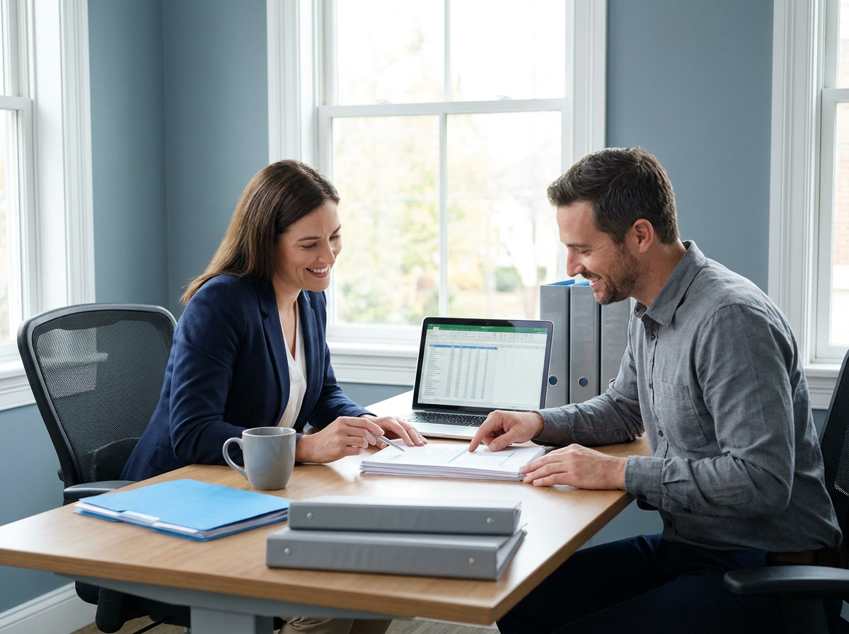Small business owner and bookkeeper reviewing financial documents together