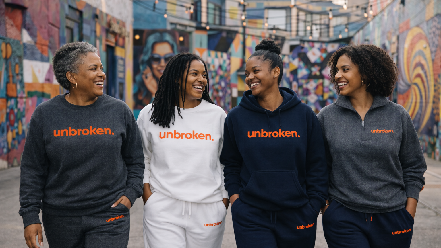 Women wearing unbroken. apparel in front of a colorful mural