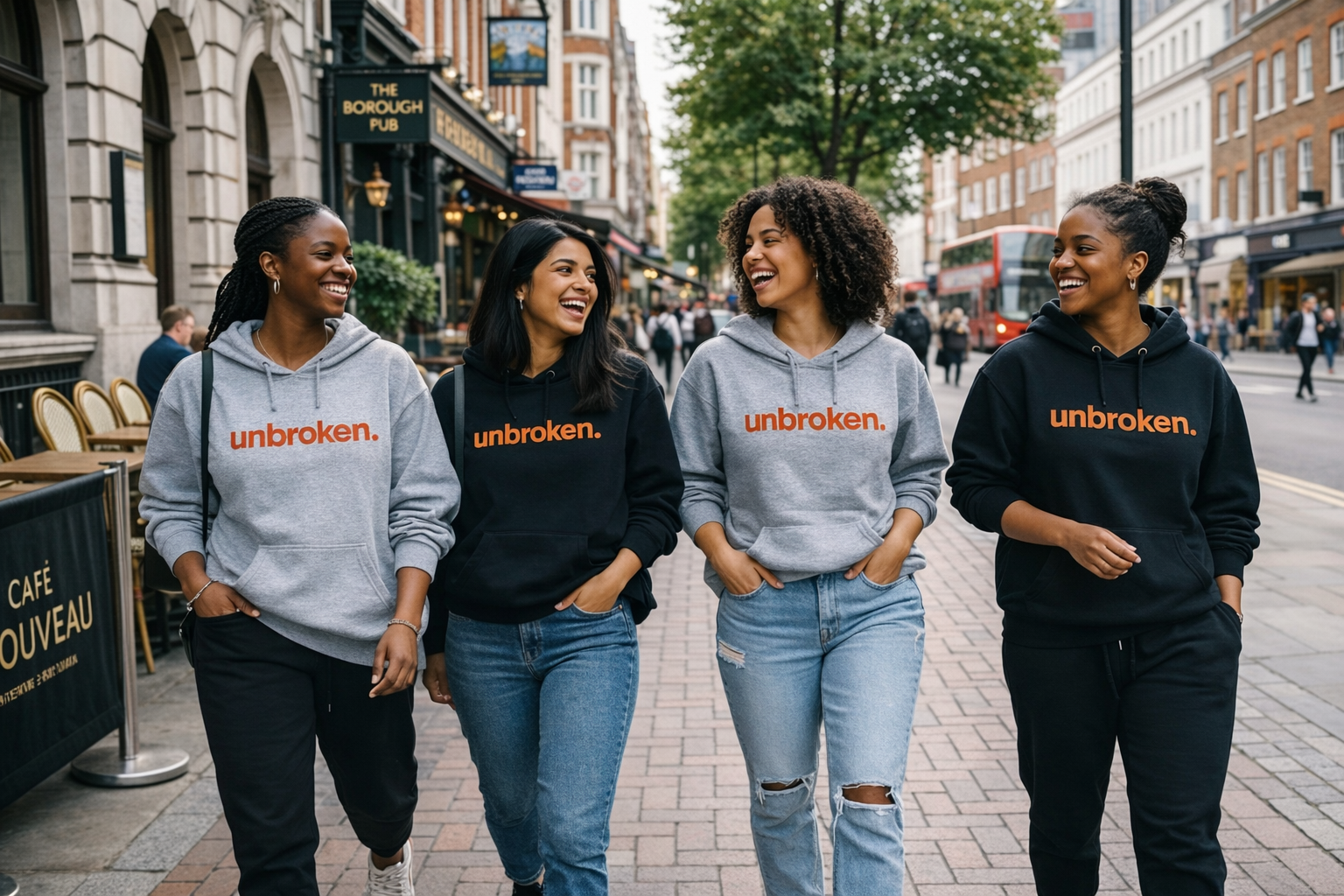 Women wearing unbroken. hoodies walking together