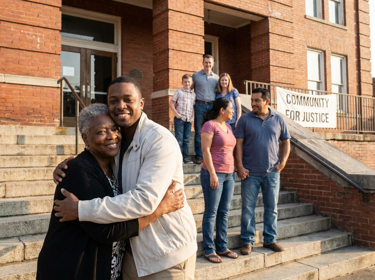 Diverse families outside courthouse in Mississippi