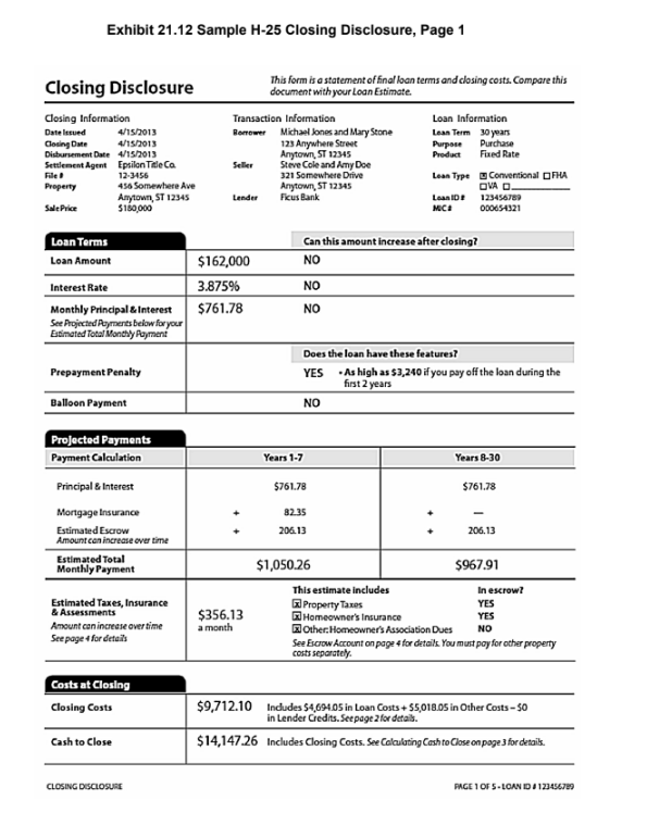Exhibit 21.12 Sample H-25 Closing Disclosure Page 1