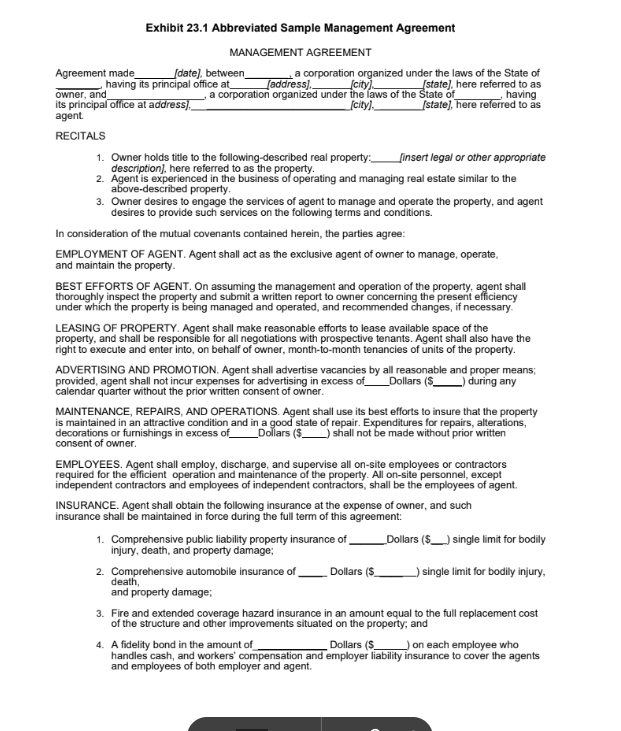 Exhibit 23.1 Abbreviated Sample Management Agreement (page 1)