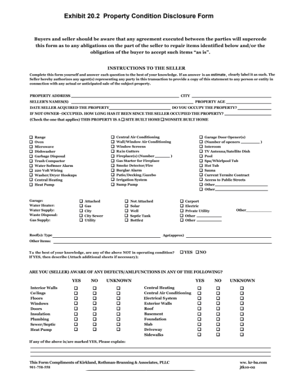 Exhibit 20.2 Property Condition Disclosure Form page 1