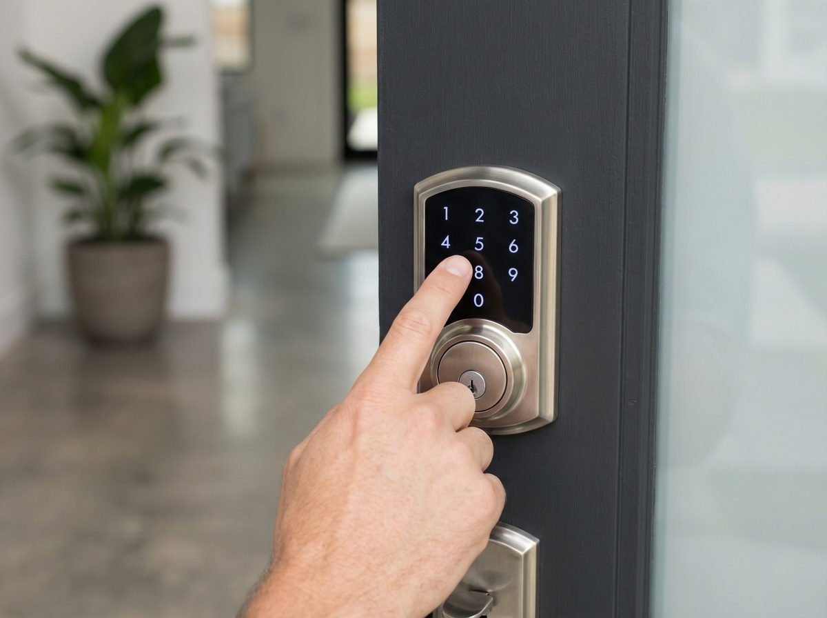 Smart lock keypad on front door