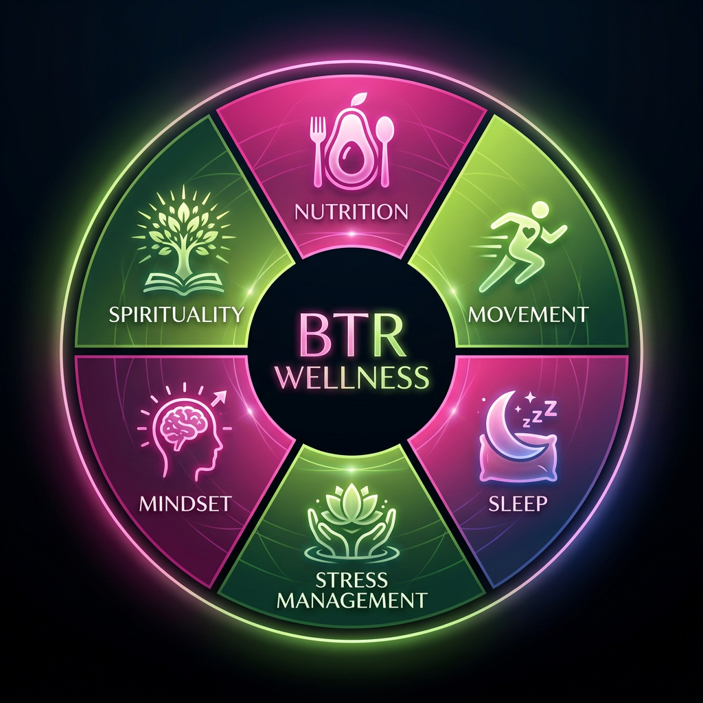 BTR Wellness Wheel — Nutrition, Movement, Sleep, Stress, Mindset, Spirituality