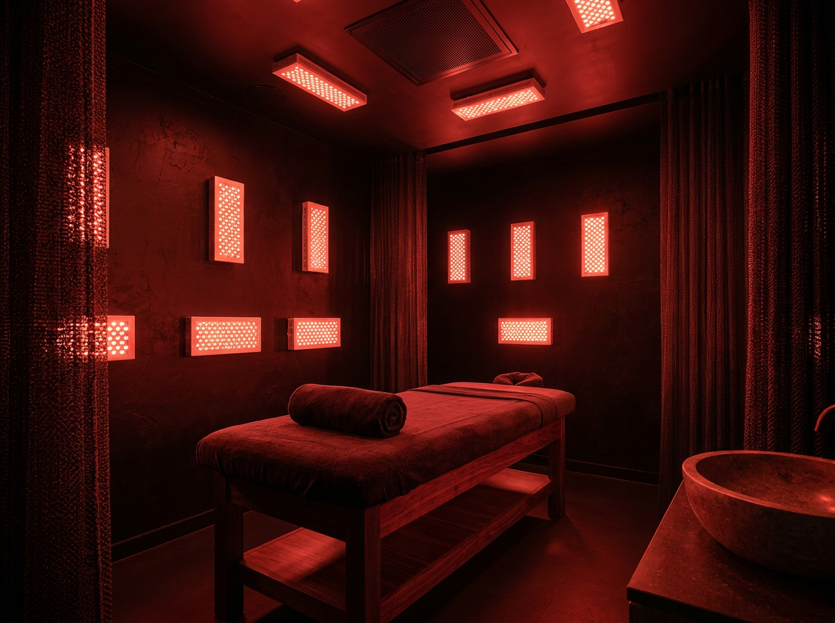 Red light therapy treatment room with massage table