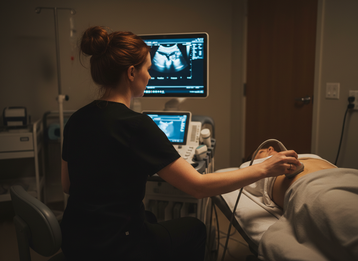 Sonographer performing an ultrasound scan on a patient