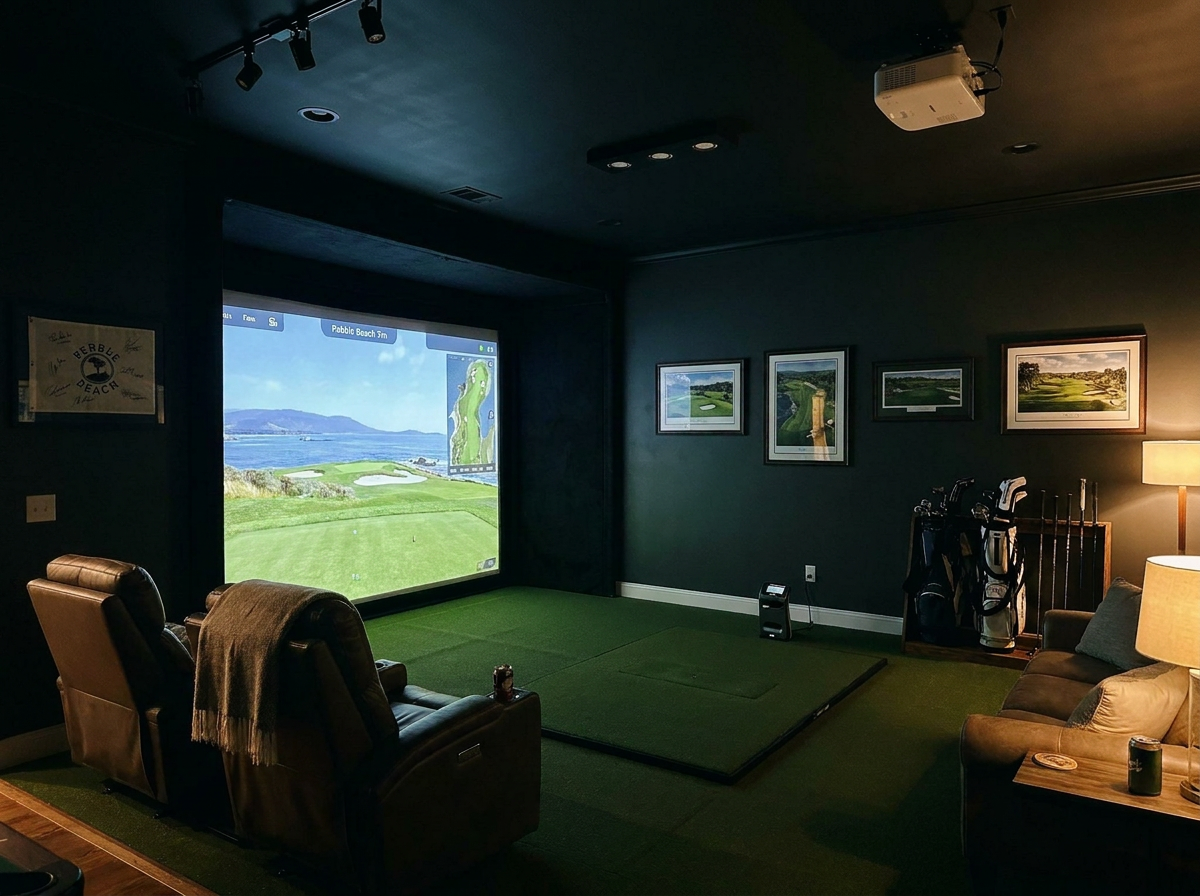 Custom residential golf simulator room designed by Crow & Cactus Co.