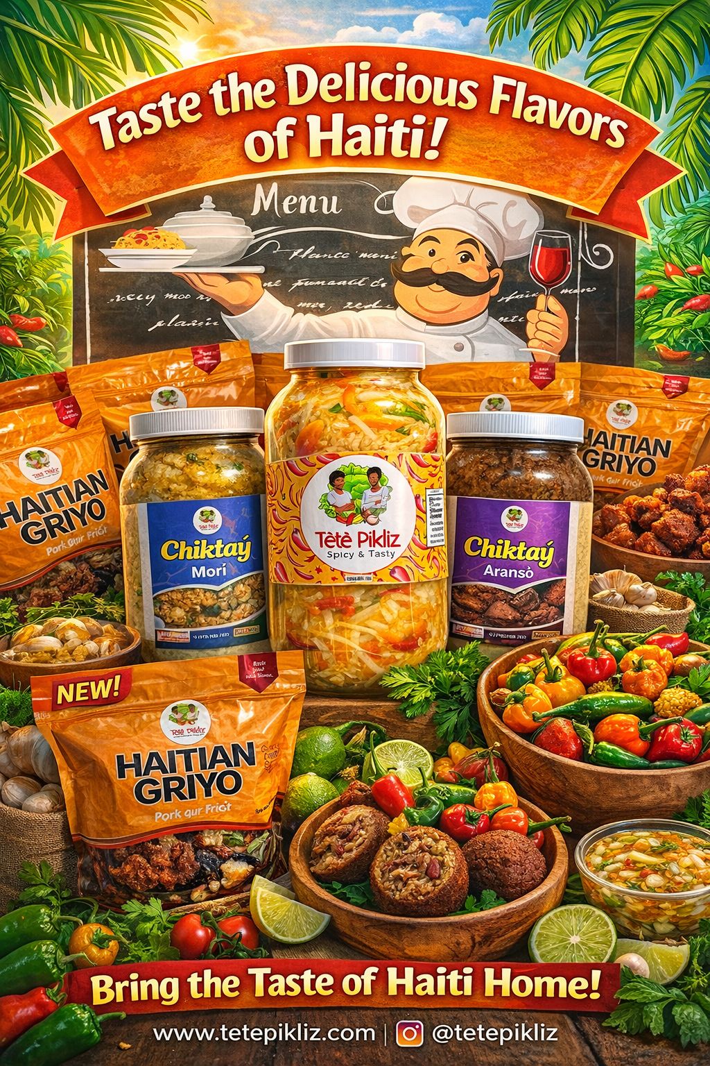 Tètè Pikliz product lineup featuring Pikliz, Griyo, and Chiktay