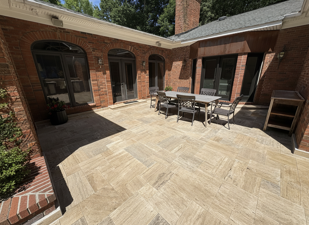Clean travertine patio after professional washing by Washing Limitless in Rock Hill SC
