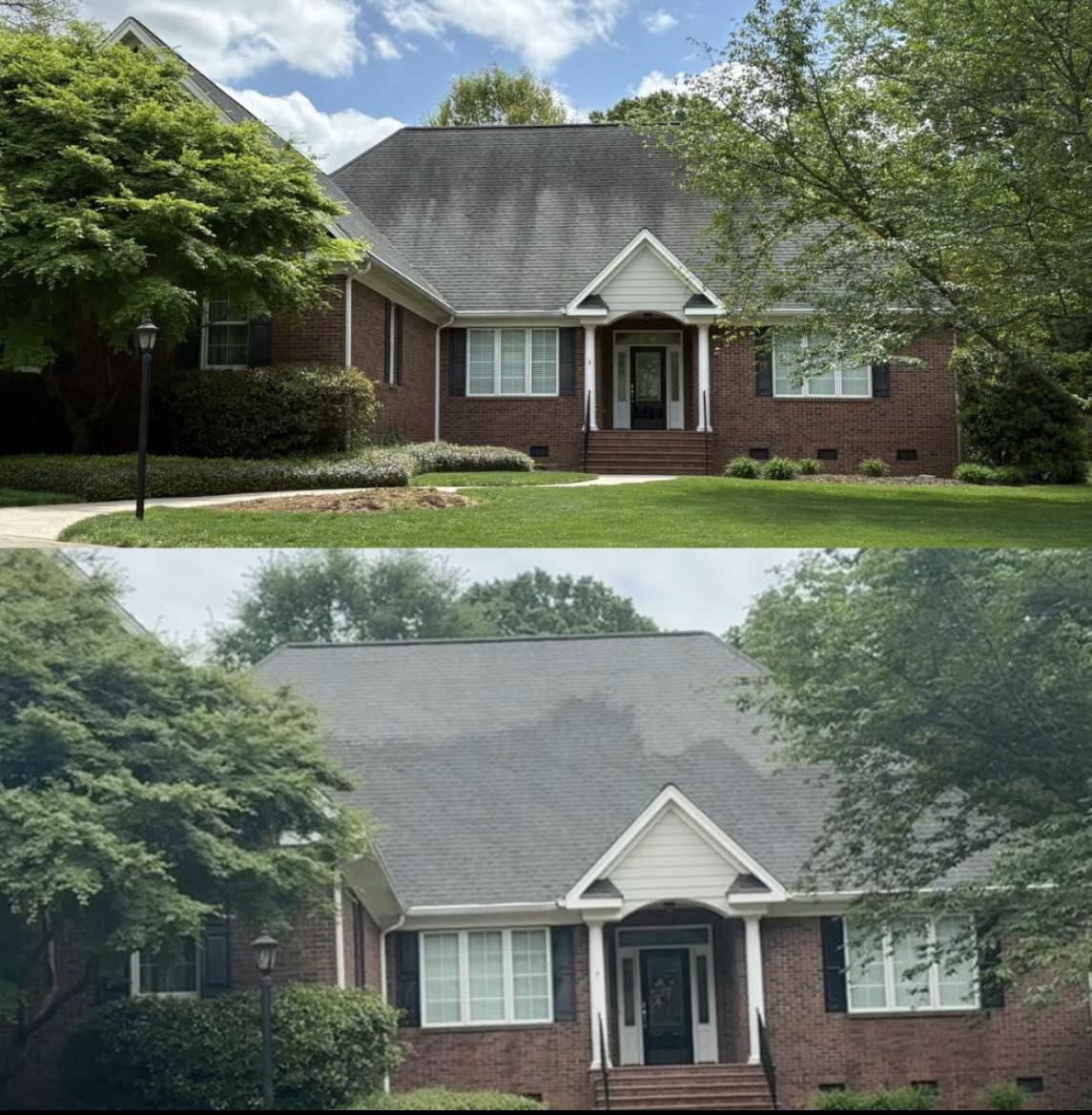 Roof soft wash before and after removing black streaks and algae by Washing Limitless Rock Hill SC