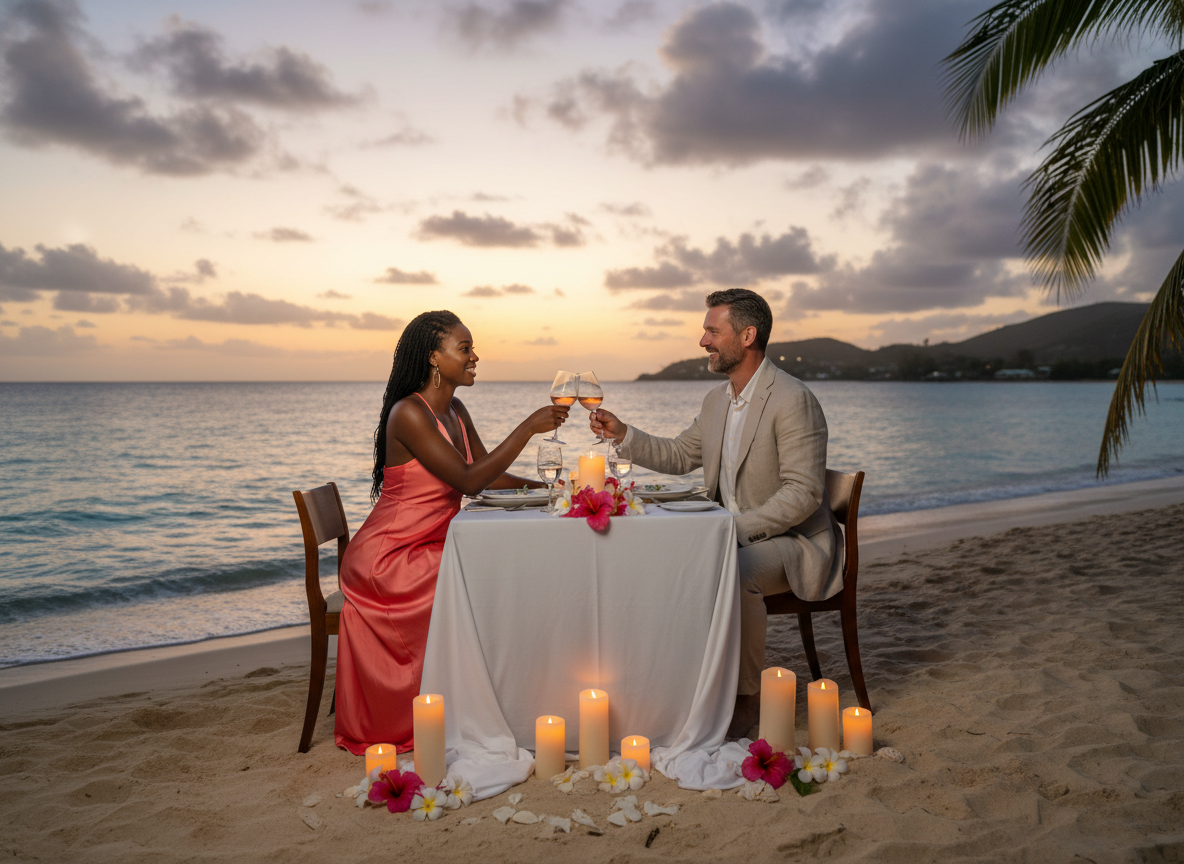 Interracial couple enjoying romantic dinner on Caribbean beach