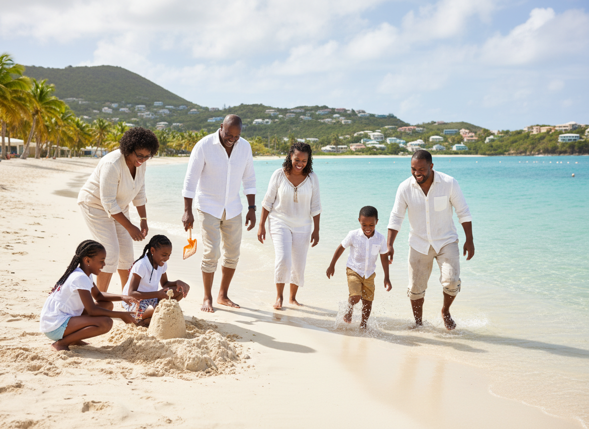 Happy multi-generational Black family on Caribbean beach