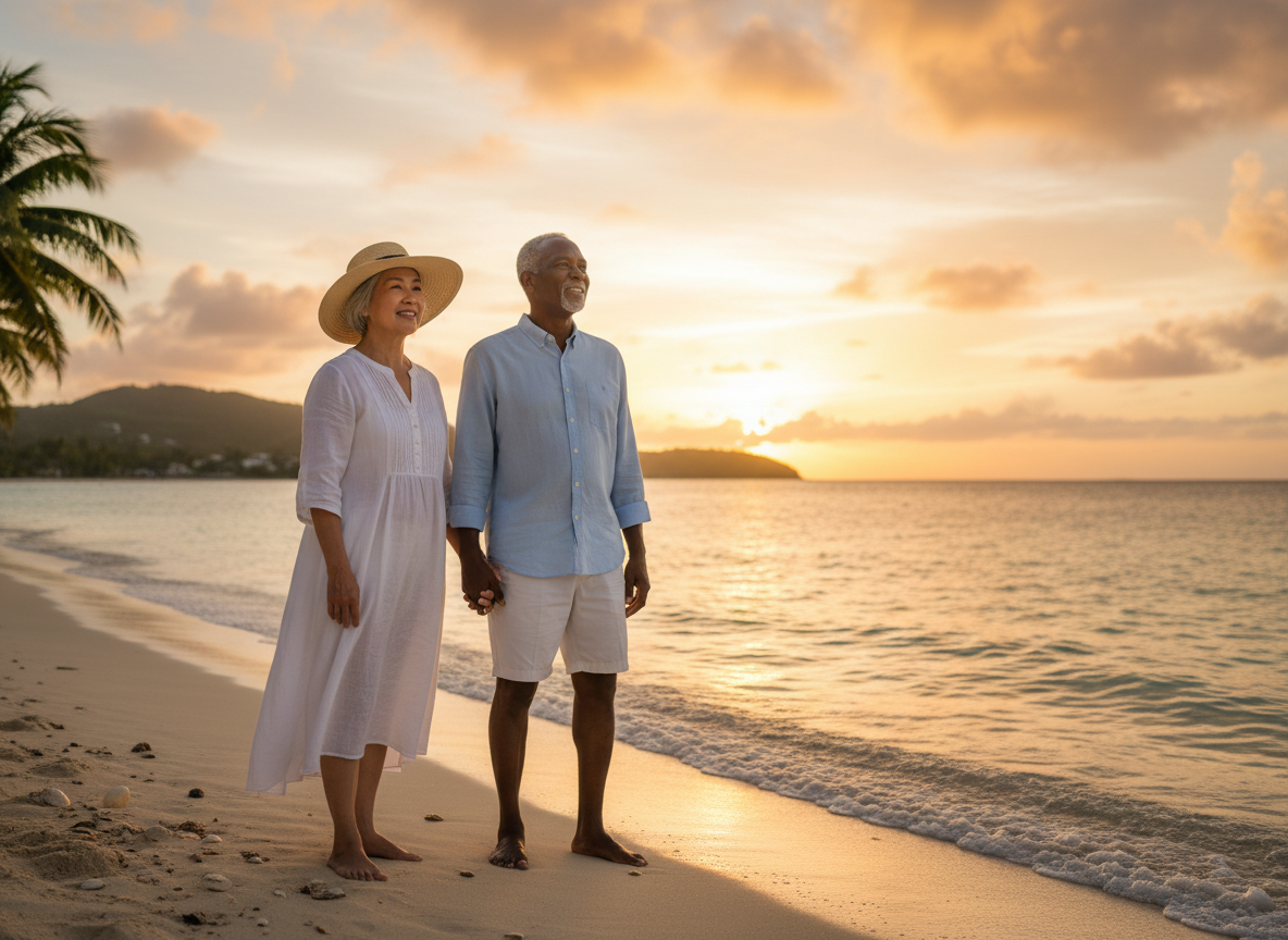 Elderly couple enjoying sunset on Caribbean beach