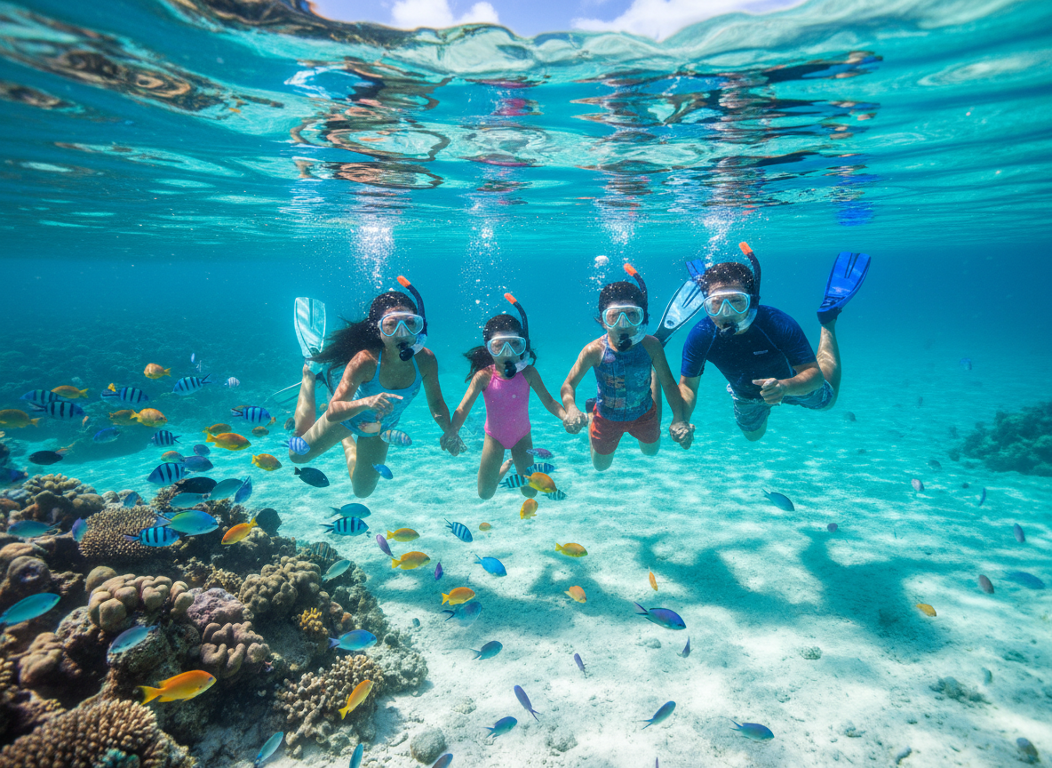 Asian family snorkeling in crystal clear Caribbean water