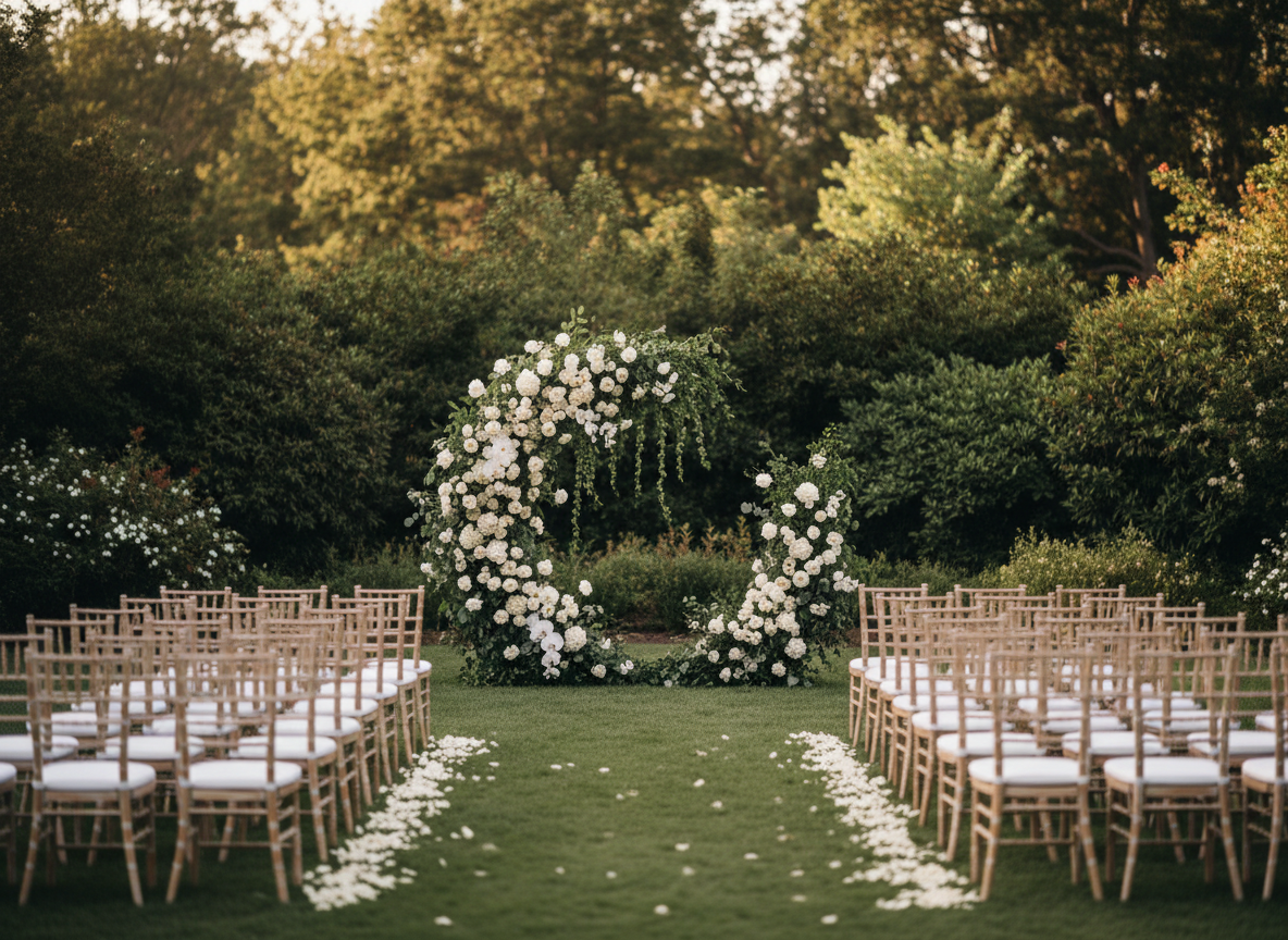 Garden wedding ceremony with floral arch in Fort Worth