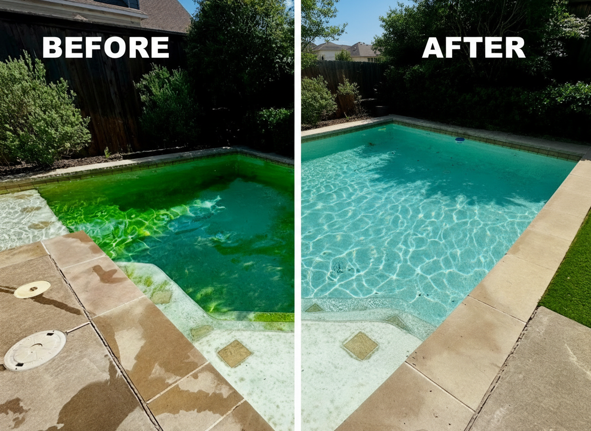 Before and after green pool to clean pool transformation