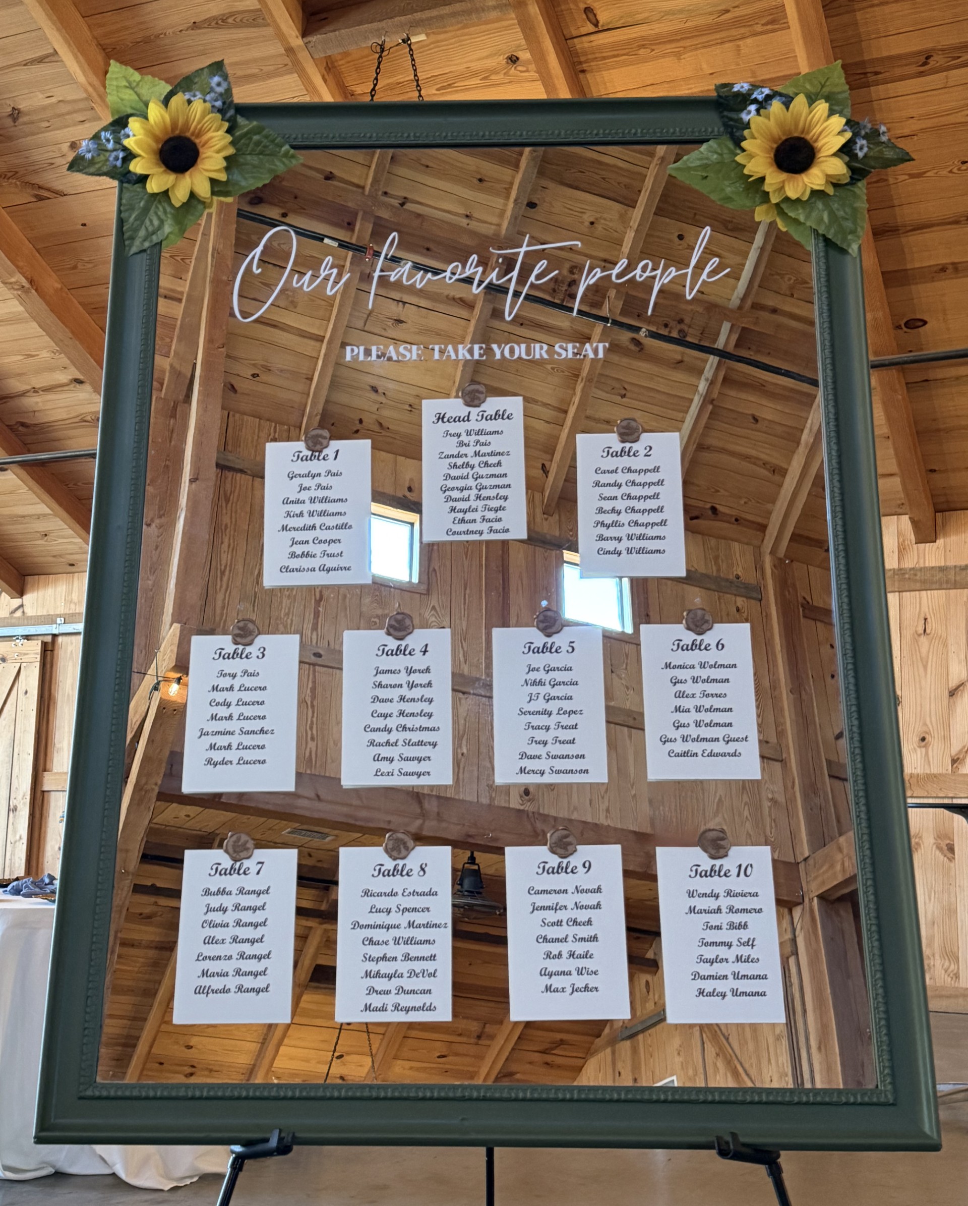 Seating chart mirror with Our Favorite People calligraphy and sunflower accents at Trey and Bri wedding in DFW