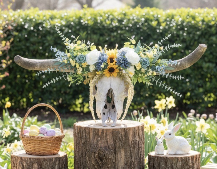 Floral cow skull decor with sunflowers, blue and white roses, eucalyptus, and greenery for rustic wedding by Petal Essence in DFW
