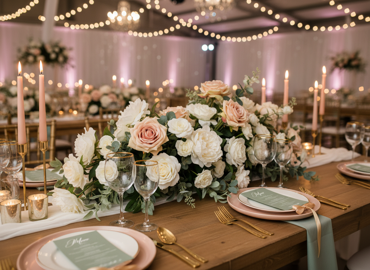 Elegant wedding reception table with floral centerpiece