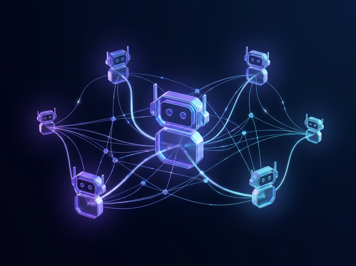 Glowing AI agents connected by a light network