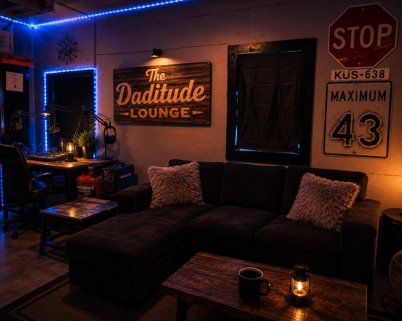 The Daditude Lounge with couch, coffee, lantern, blue LEDs, Daditude Lounge sign, stop sign, and recording setup