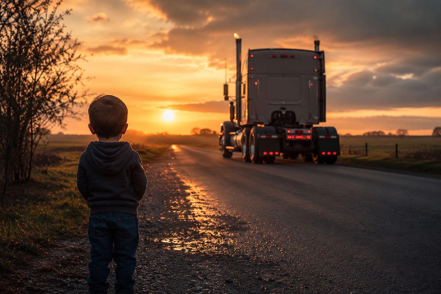 A young boy standing at the end of a driveway watching a truck drive away at sunset