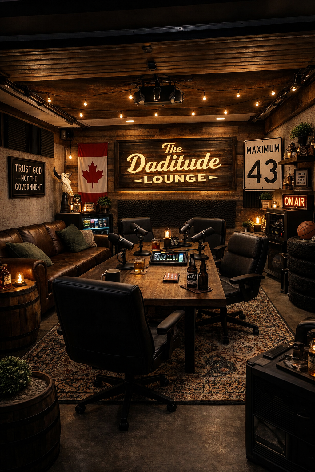 The Daditude Lounge — podcast table with microphones, leather chairs, Canadian flag, Trust God sign, Maximum 43, string lights, ON AIR sign