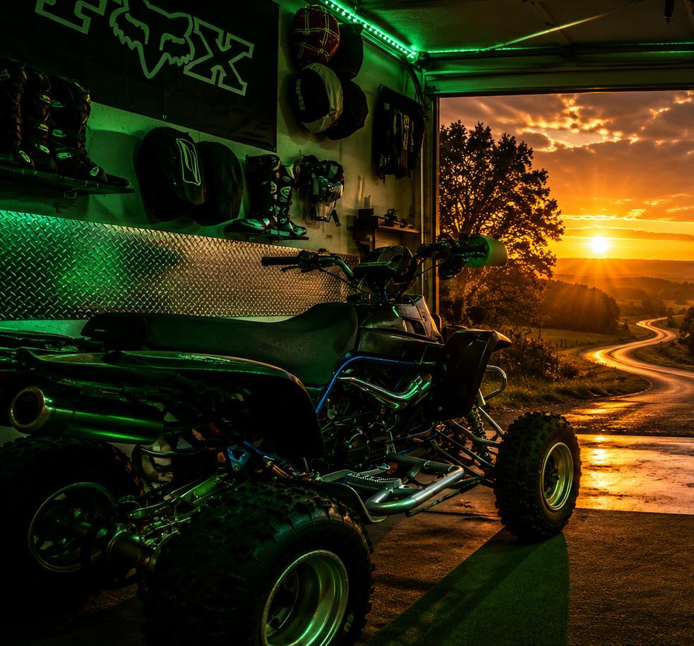 Yamaha Banshee ATV in a garage with green LED lighting and a sunset road visible through the open door