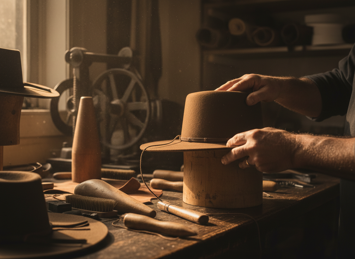 Western hat craftsmanship — hand-shaping a hat on a wooden block