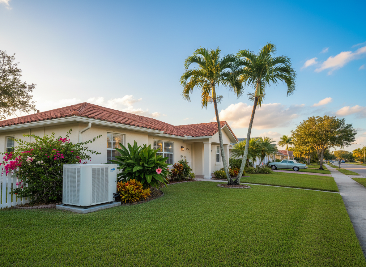 Sunny Florida neighborhood with palm trees and a comfortable home