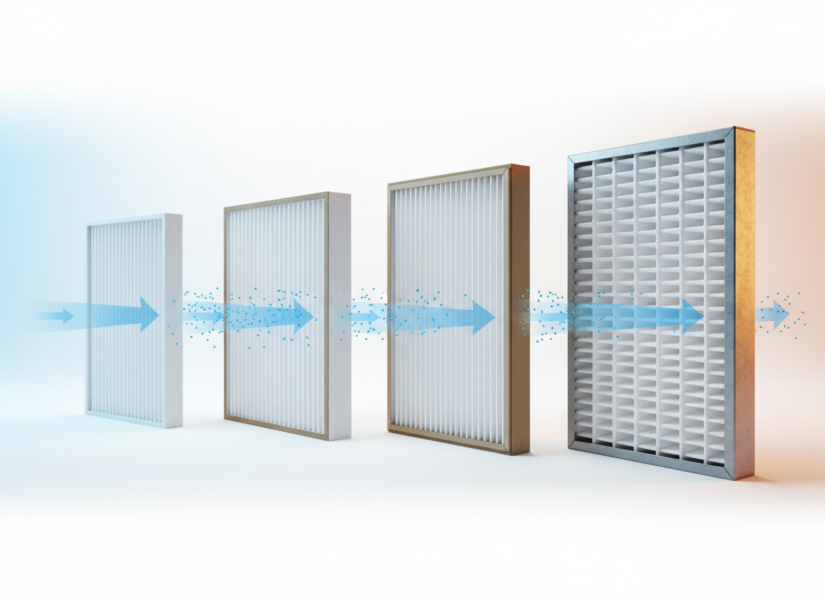 Air filtration stages showing progressively cleaner air passing through HEPA and media filters