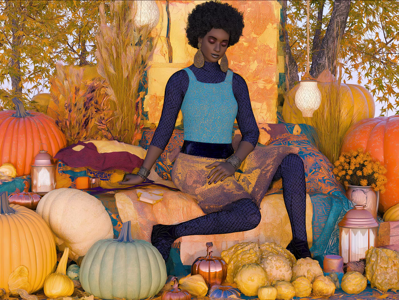 Afrofuturist autumn editorial scene in warm fall colors