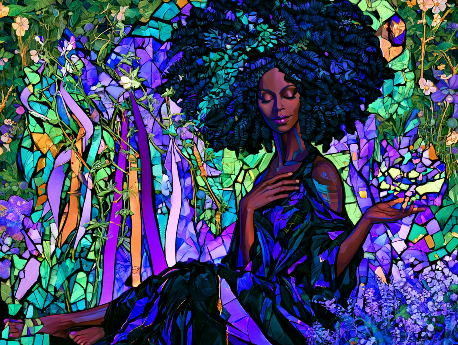 Stained-glass mosaic artwork of a woman with voluminous dark curls, eyes closed, one hand over her heart, surrounded by violet flowers and green leaves