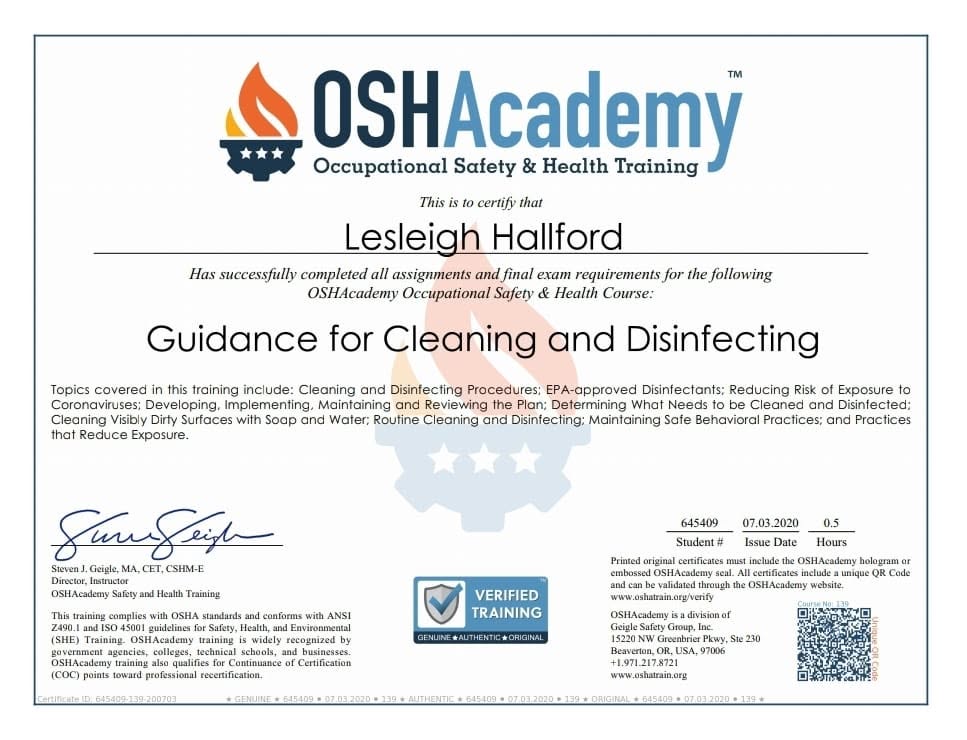 OSHAcademy Cleaning & Disinfecting