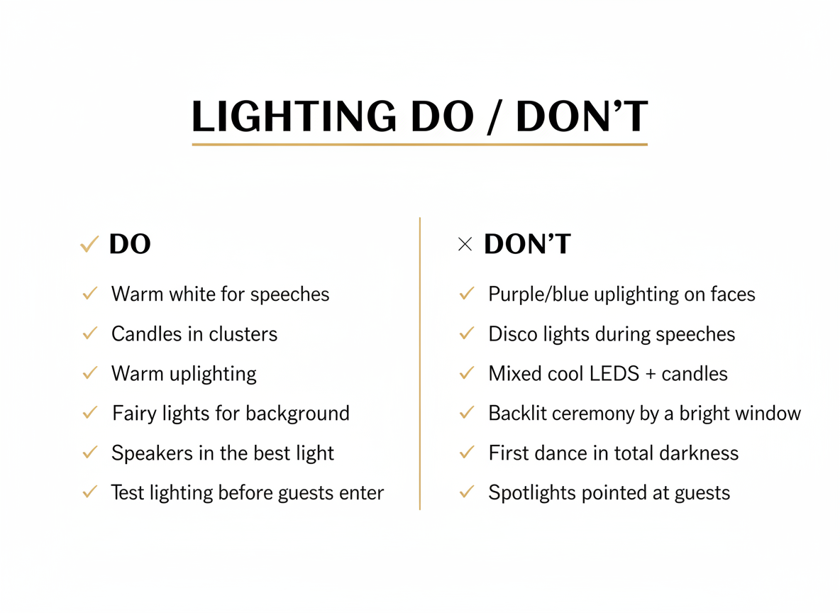 Lighting do and don't infographic for winter and low light weddings in black white and warm gold