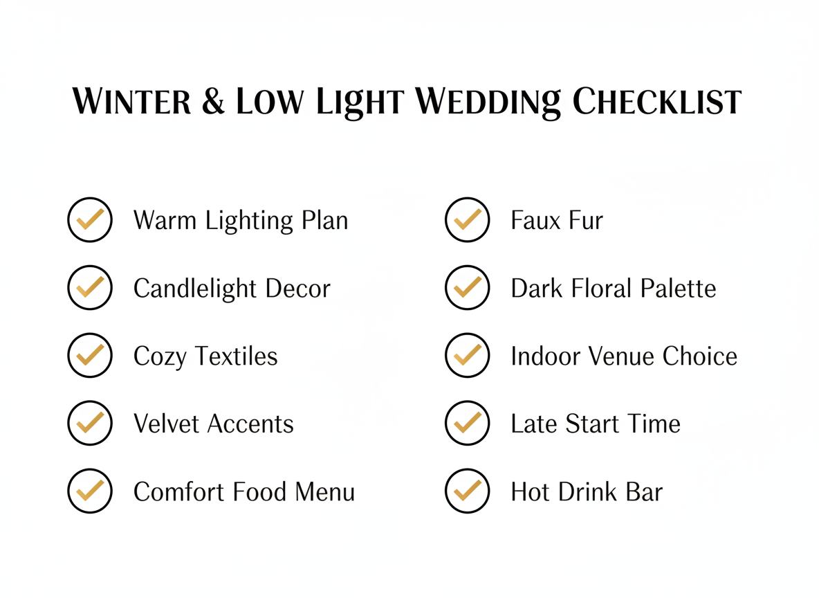 Winter and low light wedding checklist infographic in black white and warm gold