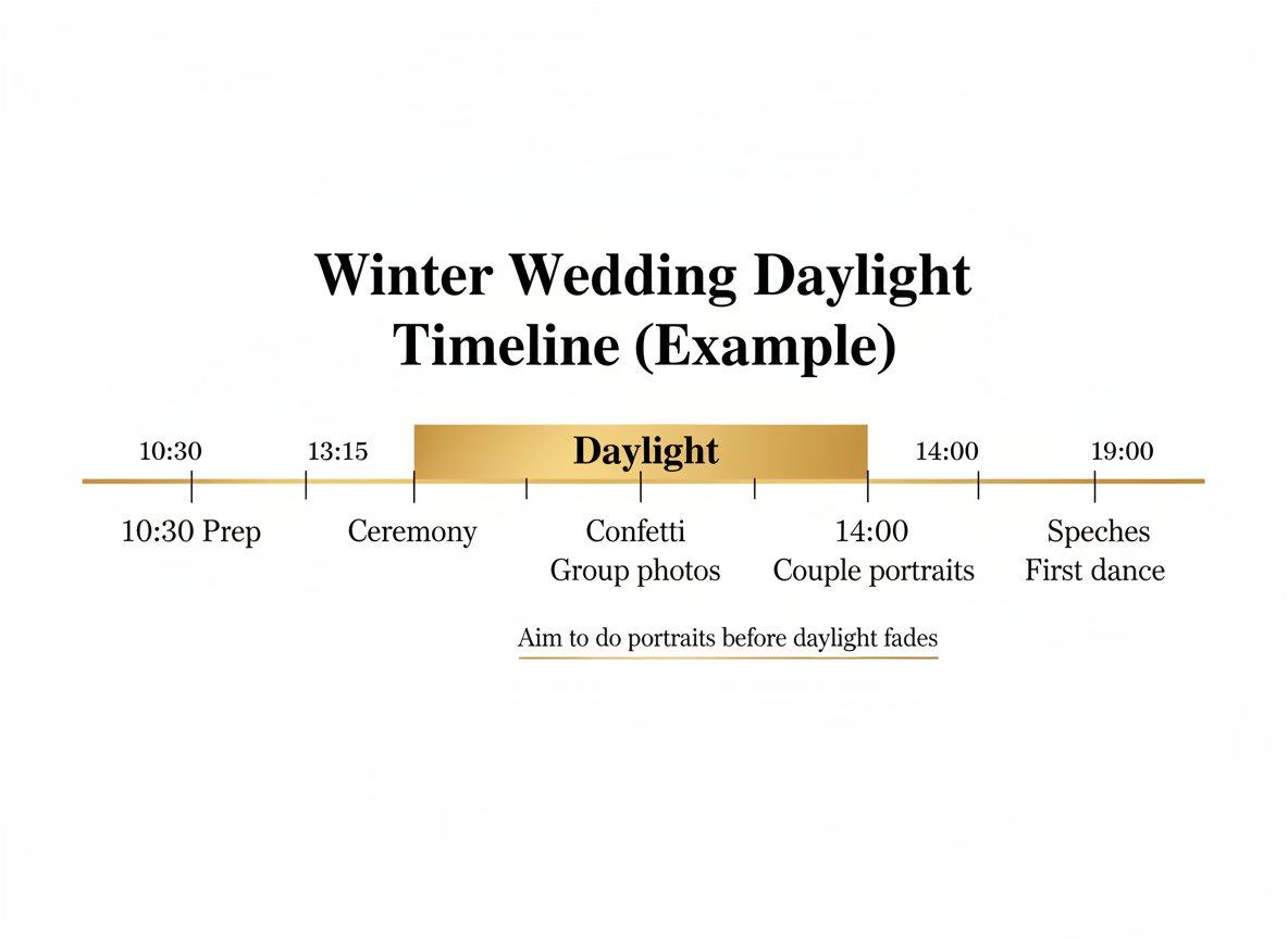 Winter wedding daylight timeline example infographic in black white and warm gold