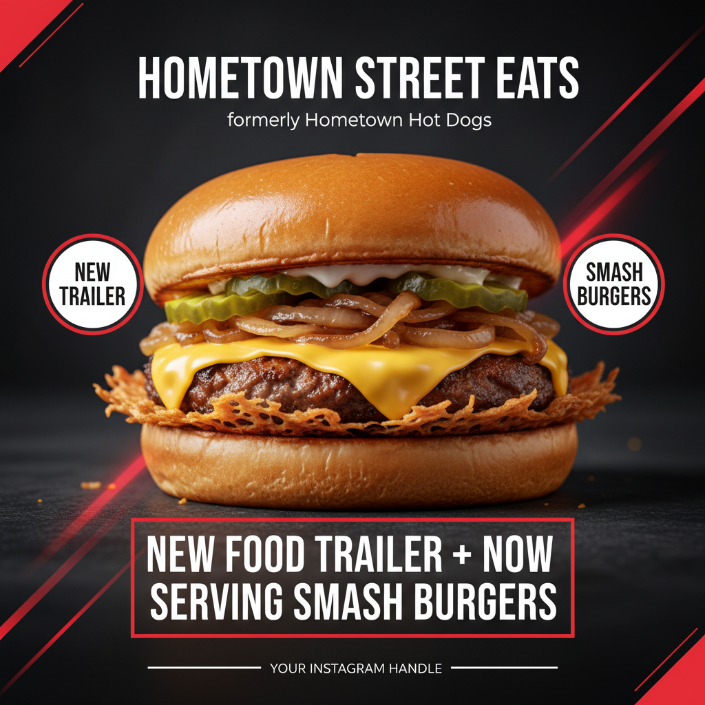 Hometown Street Eats announcement, formerly Hometown Hot Dogs, new food trailer and now serving smash burgers