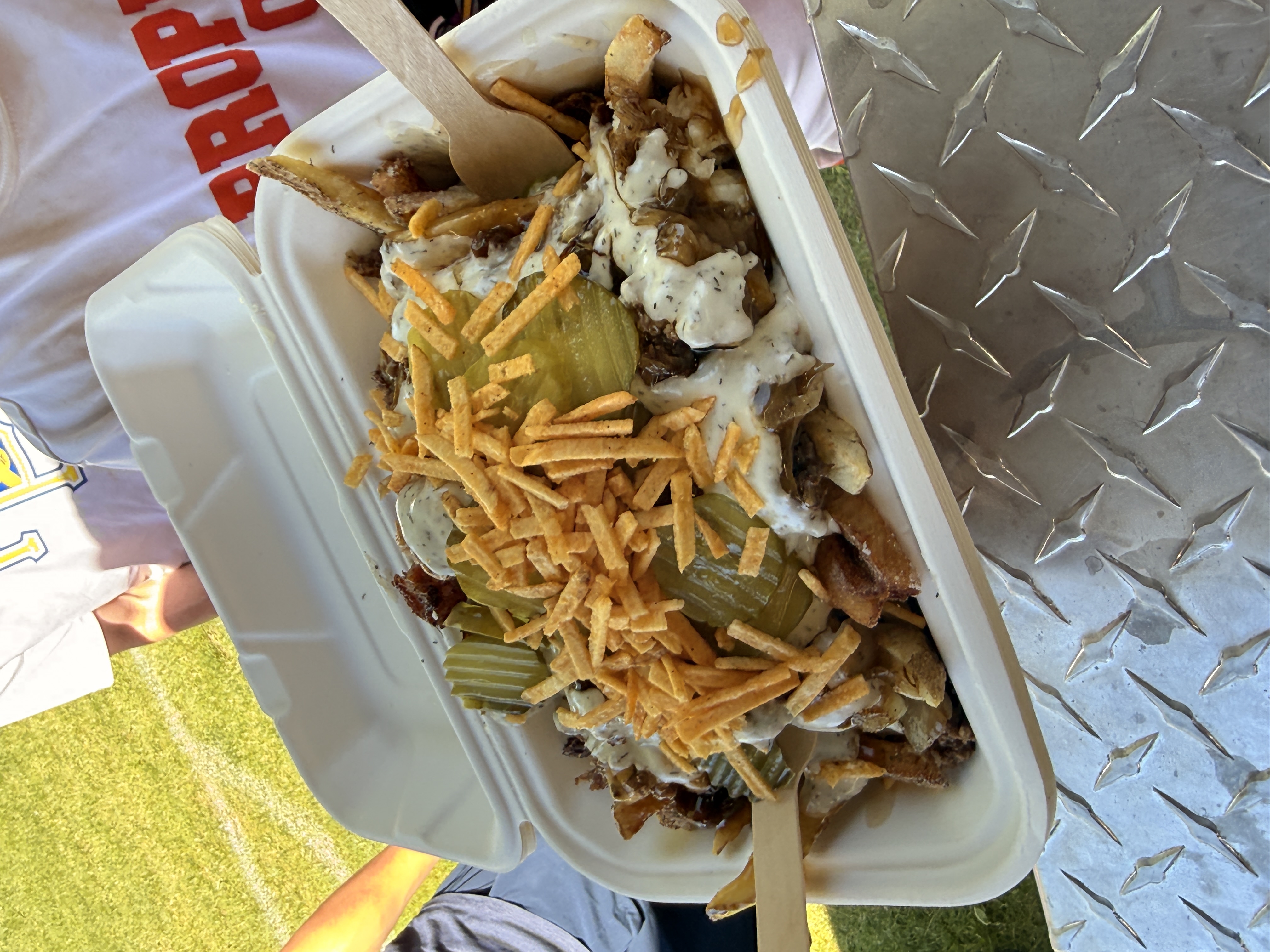 Close-up of dill pickle fries with toppings
