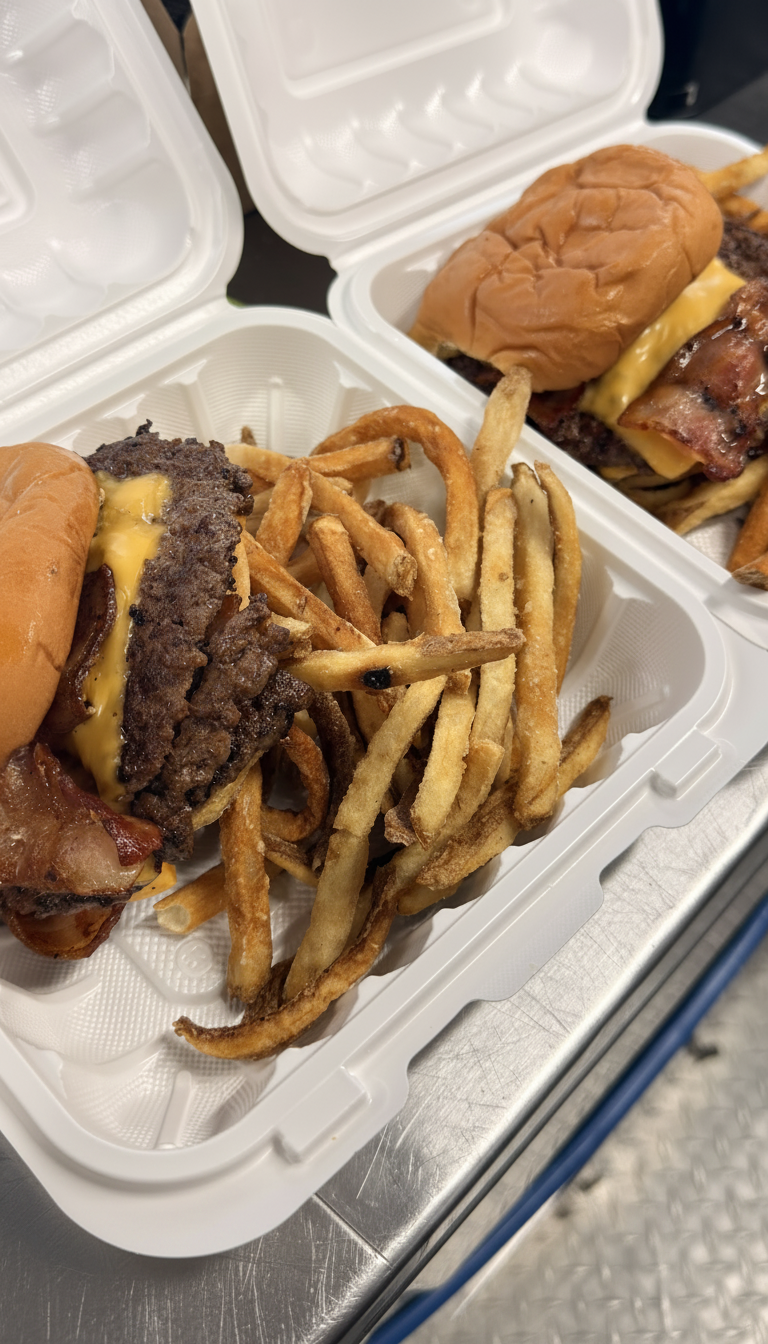 Two loaded smash burger combos with bacon, cheese, and fresh-cut fries